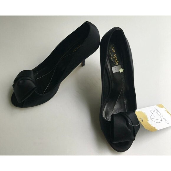 Kate Spade Black Satin Knotted Peep Toe Heels, Size 7 (US) 37 (IT) - Picture 1 of 10